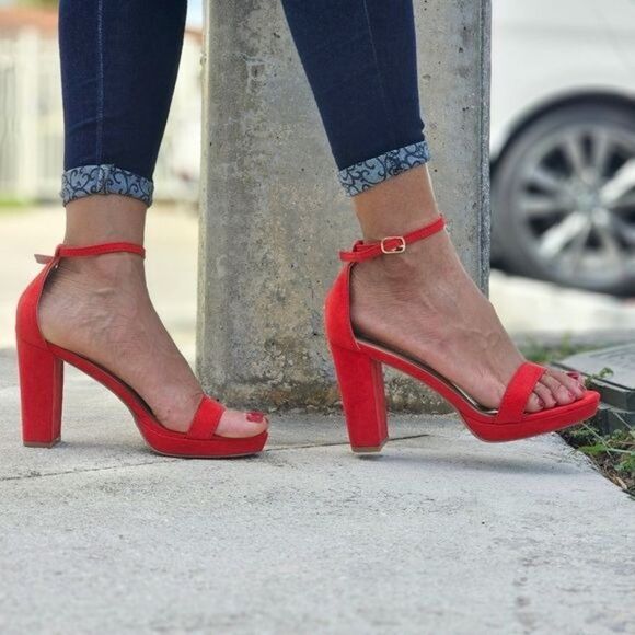 Women's Suede Ankle Strap Block Heel Dress Sandals Red Color - Picture 1 of 5